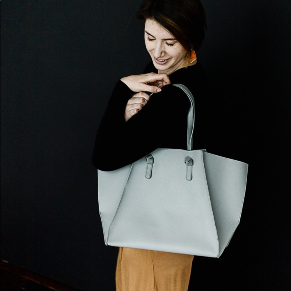 Mud Pie Gray Vegan Leather Tote Bag Size: 13 1/2" x 12 1/2" x 7"